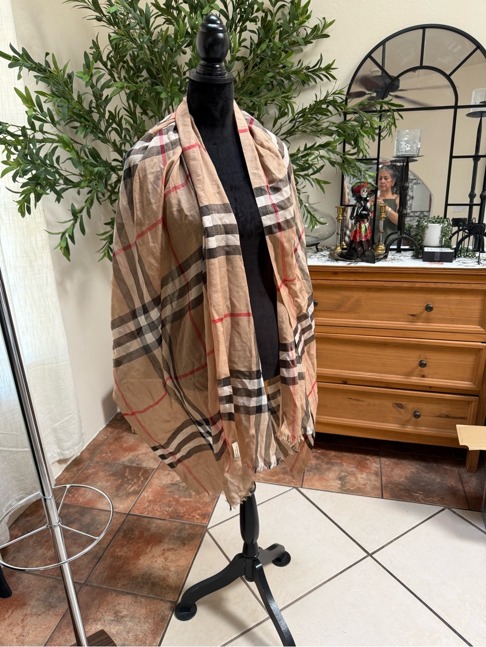 Burberry Tan Plaid Scarf with Black, White & Red Stripes
